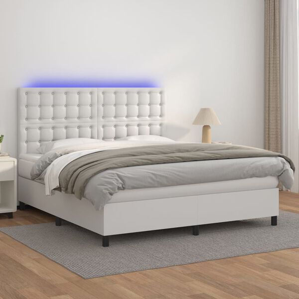 vidaXL Boxspringbett mit Matratze & LED Wei&szlig; 160x200 cm Kunstleder