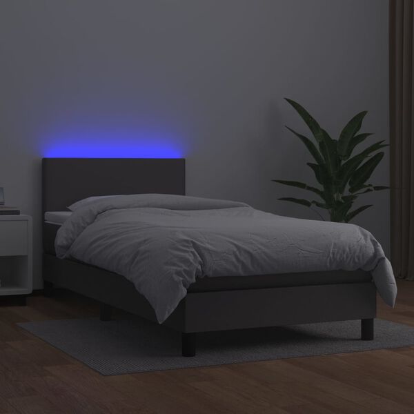 vidaXL Boxspringbett mit Matratze & LED Grau 90x190 cm Kunstleder