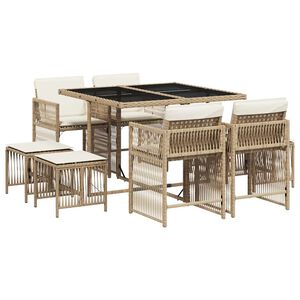 vidaXL 9-tlg. Garten-Essgruppe mit Kissen Beige Poly Rattan