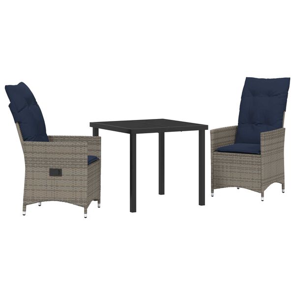 vidaXL Tisch- und Stuhlset mit Kissen 3 pcs Grau PE-Rattan