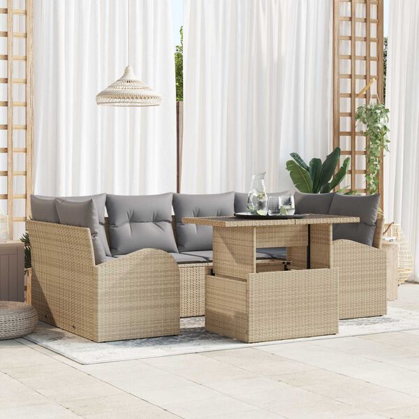 vidaXL Garten-Sofa-Set mit Kissen mit Speicher 7 pcs Beige Poly Rattan