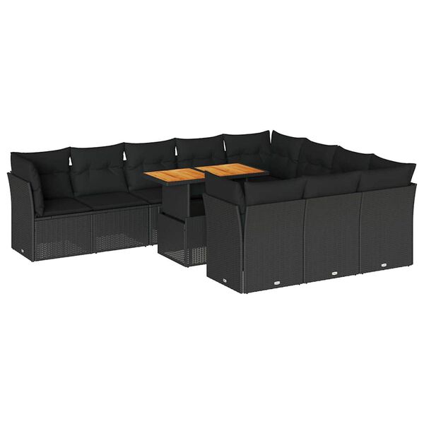 vidaXL 11-tlg. Garten-Sofagarnitur mit Kissen Schwarz Poly Rattan
