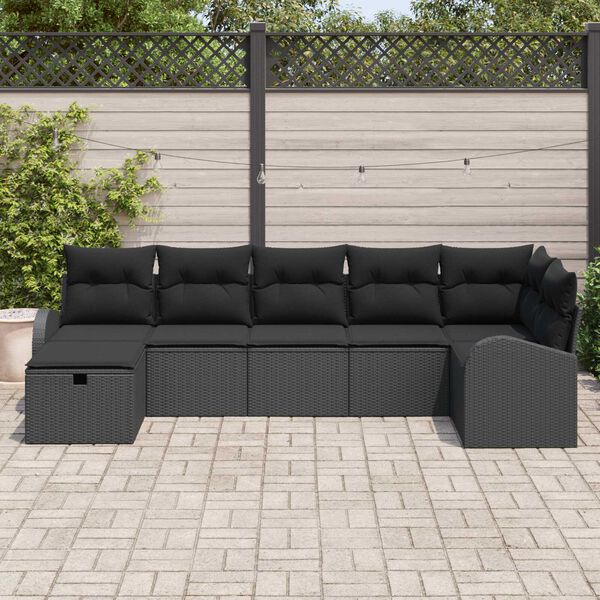 vidaXL Sofa Set mit Kissen mit Speicher 7 pcs Schwarz Poly-Rattan