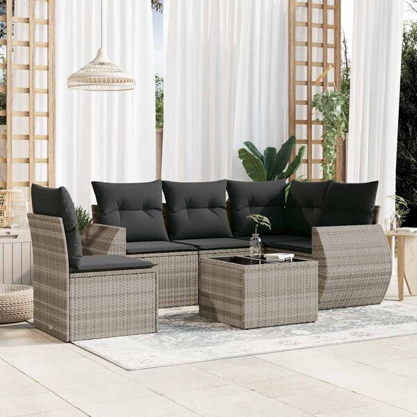 vidaXL 6-tlg. Garten-Sofagarnitur mit Kissen Hellgrau Poly Rattan