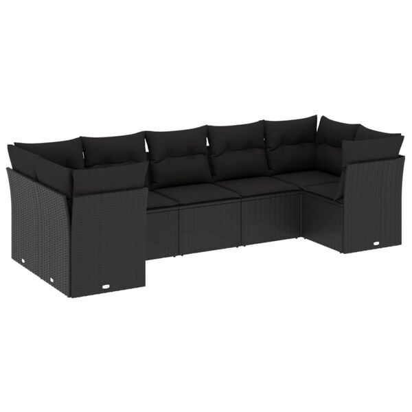 vidaXL 7-tlg. Garten-Sofagarnitur mit Kissen Schwarz Poly Rattan