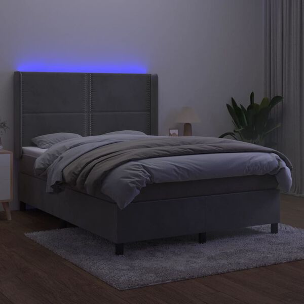 vidaXL Boxspringbett mit Matratze & LED Hellgrau 140x200 cm Samt