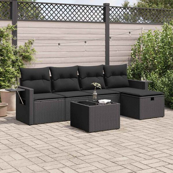 vidaXL 6-tlg. Garten-Sofagarnitur mit Kissen Schwarz Poly Rattan