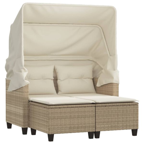 vidaXL Gartensofa 2-Sitzer mit Dach und Hockern Beige Poly Rattan