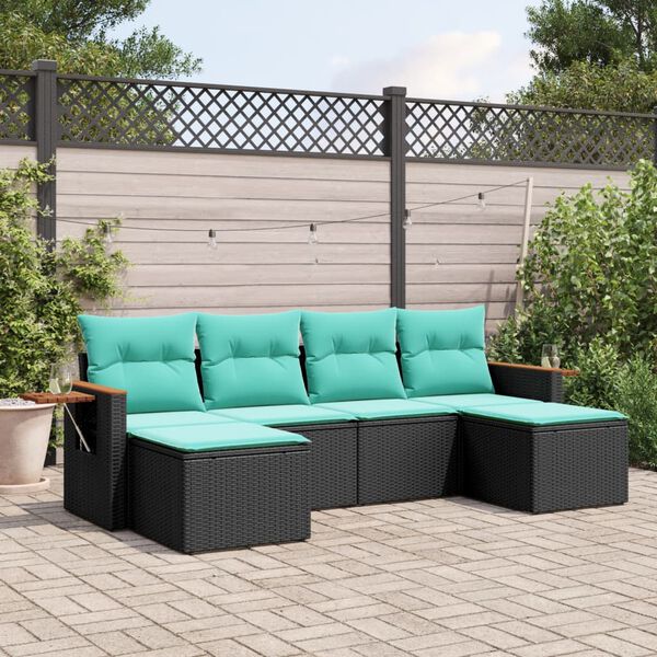 vidaXL 6-tlg. Garten-Sofagarnitur mit Kissen Schwarz Poly Rattan