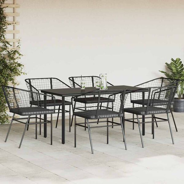 vidaXL 7-tlg. Garten-Essgruppe mit Kissen Schwarz Poly Rattan Glas