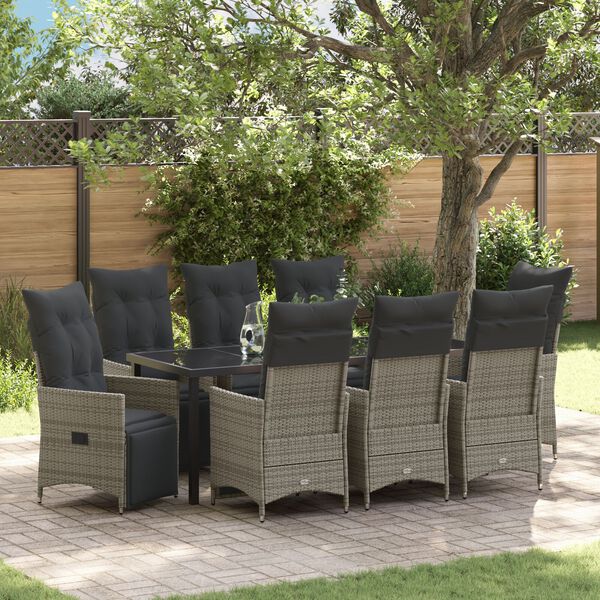 vidaXL Garten Essgruppe mit Kissen 9 pcs Grau Poly Rattan