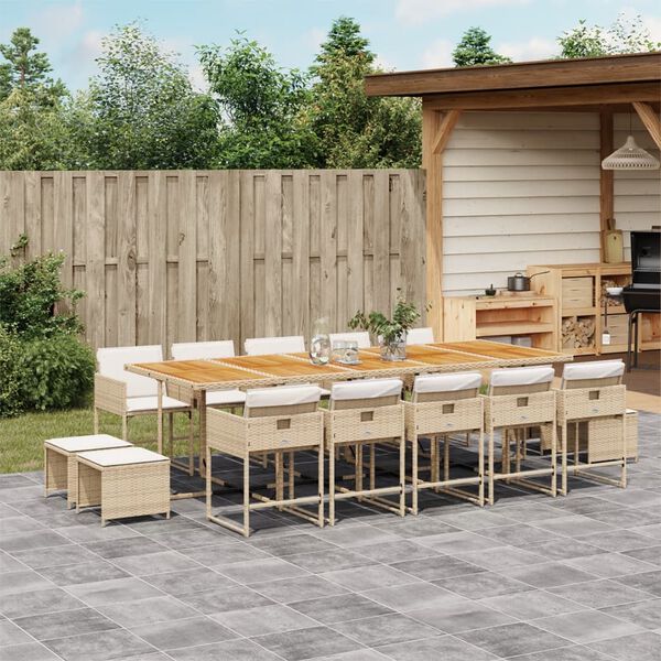 vidaXL 15-tlg. Garten-Essgruppe mit Kissen Beige Poly Rattan