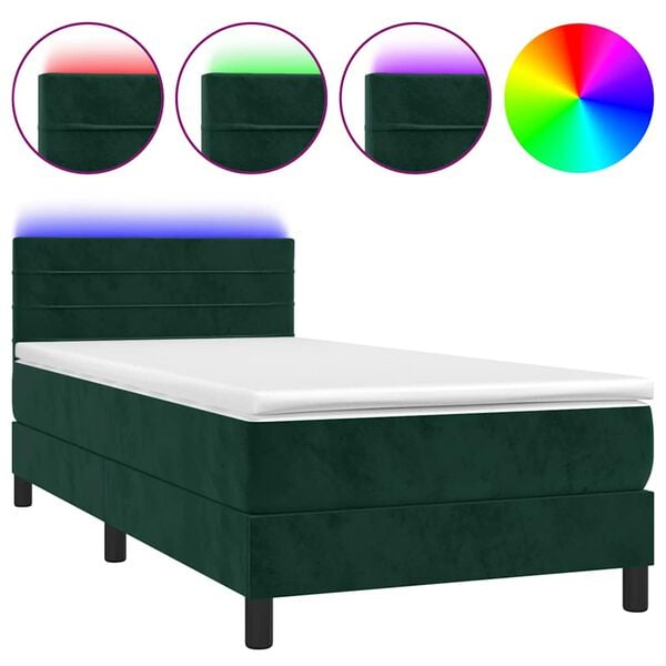 vidaXL Boxspringbett mit Matratze & LED Dunkelgr&uuml;n 90x190 cm Samt