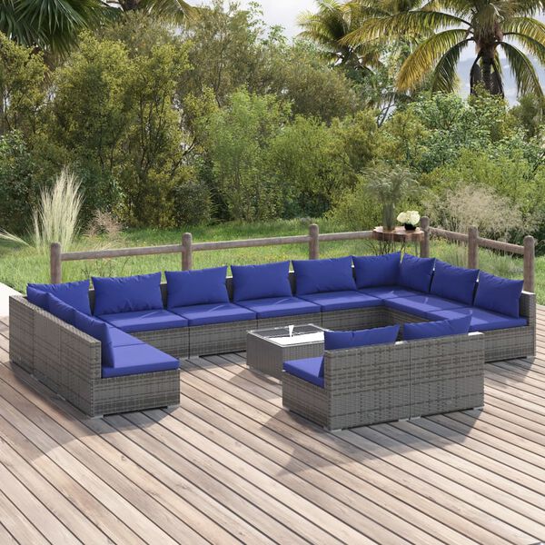 vidaXL 13-tlg. Garten-Lounge-Set mit Kissen Grau Poly Rattan