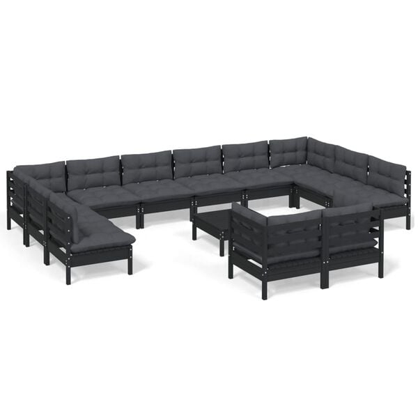 vidaXL 13-tlg. Garten-Lounge-Set mit Kissen Schwarz Kiefernholz