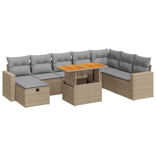 vidaXL 9-tlg. Garten-Sofagarnitur mit Kissen Beige Poly Rattan Akazie