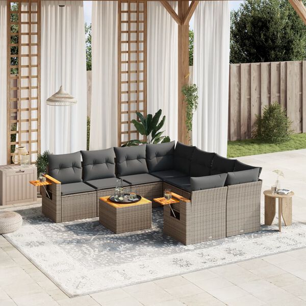 vidaXL 9-tlg. Garten-Sofagarnitur mit Kissen Grau Poly Rattan