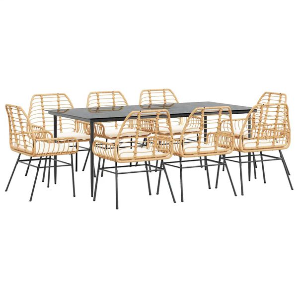 vidaXL 9-tlg. Garten-Essgruppe mit Kissen Braun Poly Rattan Glas