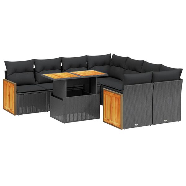 vidaXL 9-tlg. Garten-Sofagarnitur mit Kissen Schwarz Poly Rattan