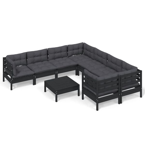 vidaXL 9-tlg. Garten-Lounge-Set mit Kissen Schwarz Kiefernholz