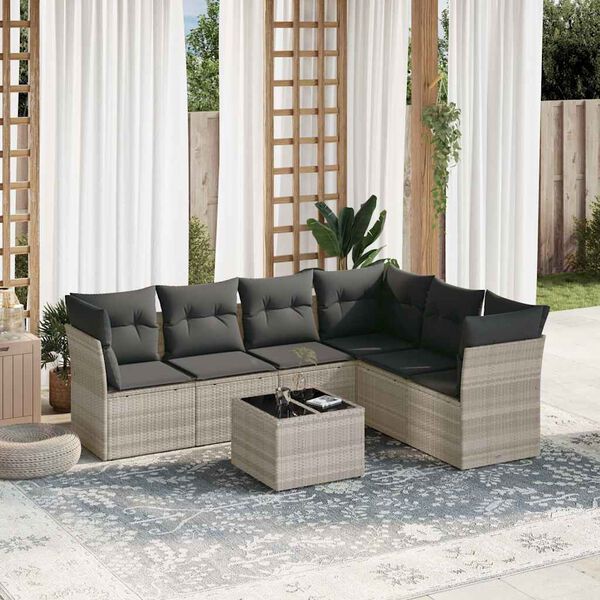 vidaXL 7-tlg. Garten-Sofagarnitur mit Kissen Hellgrau Poly Rattan