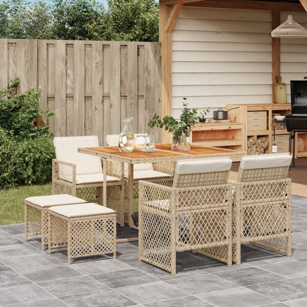 vidaXL 9-tlg. Garten-Essgruppe mit Kissen Beige Poly Rattan