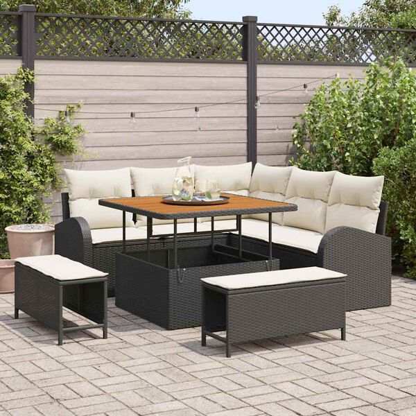 vidaXL Garten-Sofa-Set mit Kissen mit Speicher 8 pcs Schwarz und Creme