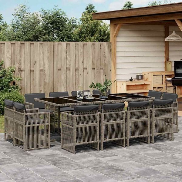vidaXL 13-tlg. Garten-Essgruppe mit Kissen Grau Poly Rattan