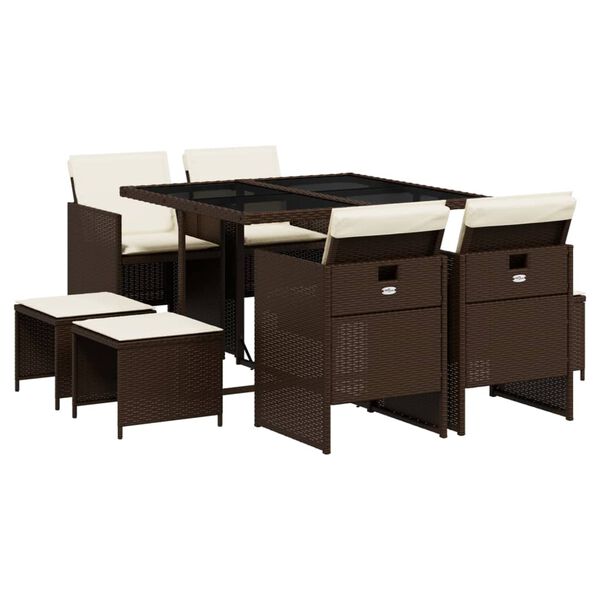vidaXL 9-tlg. Garten-Essgruppe mit Kissen Braun Poly Rattan