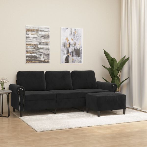 vidaXL 3-Sitzer-Sofa mit Hocker Schwarz 180 cm Samt