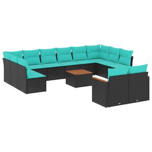 vidaXL 13-teiliges Gartensofa-Set mit Kissen, schwarzes Polyrattan