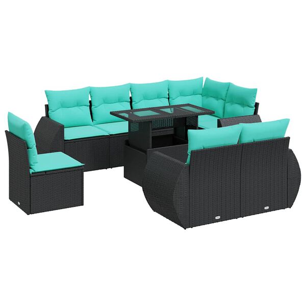 vidaXL 9-tlg. Garten-Sofagarnitur mit Kissen Schwarz Poly Rattan