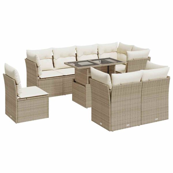vidaXL 9-tlg. Garten-Sofagarnitur mit Kissen Beige Poly Rattan
