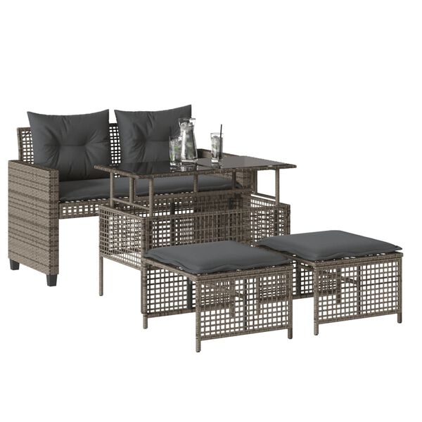 vidaXL 4-tlg. Garten-Sofagarnitur mit Kissen Grau Poly Rattan Glas