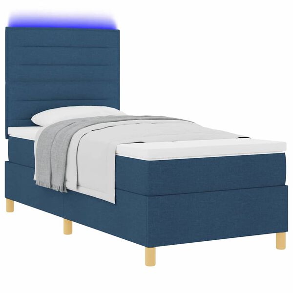 vidaXL LED Boxspringbett mit Matratze Blau 100 x 200 cm Stoff