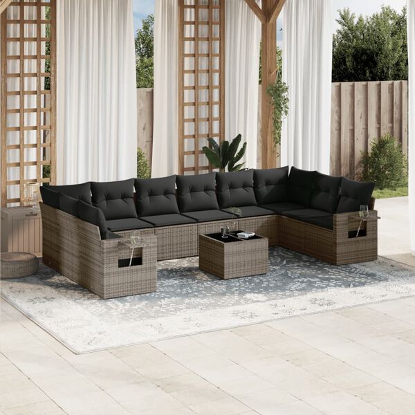 vidaXL 11-tlg. Garten-Sofagarnitur mit Kissen Grau Poly Rattan