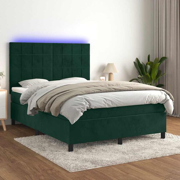 vidaXL Boxspringbett mit Matratze & LED Dunkelgr&uuml;n 140x190 cm Samt