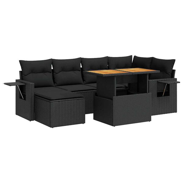 vidaXL 7-tlg. Garten-Sofagarnitur mit Kissen Schwarz Poly Rattan