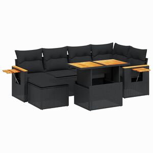 vidaXL 7-tlg. Garten-Sofagarnitur mit Kissen Schwarz Poly Rattan
