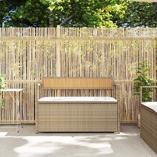 vidaXL Gartenbank mit Stauraum und Kissen Beige Poly Rattan