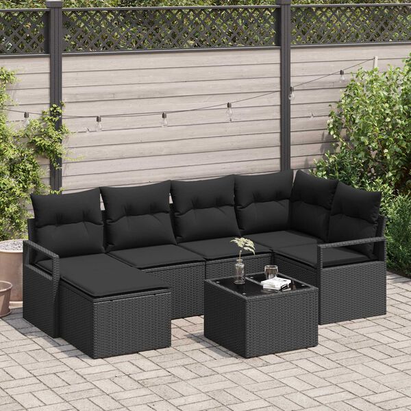 vidaXL Sofa Set mit Kissen mit Speicher 7 pcs Schwarz Poly-Rattan
