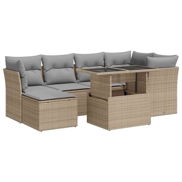 vidaXL 7-tlg. Garten-Sofagarnitur mit Kissen Beige Poly Rattan