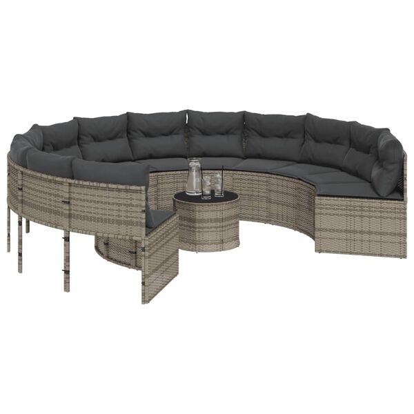 vidaXL Gartensofa mit Tisch und Kissen Rund Grau Poly Rattan