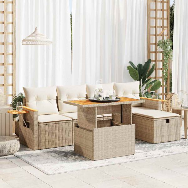 vidaXL 6-tlg. Garten-Sofagarnitur mit Kissen Beige Poly Rattan
