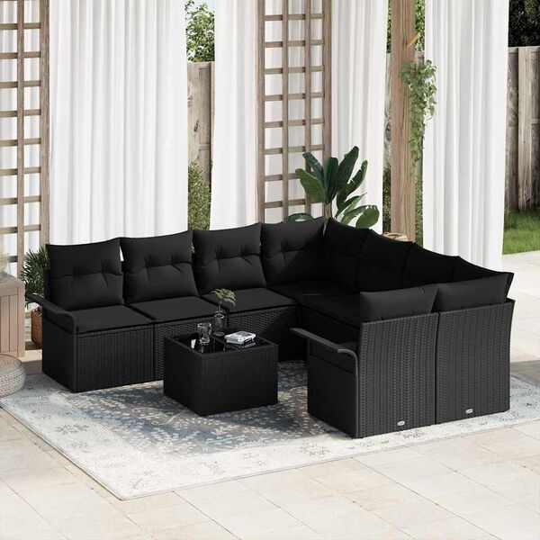 vidaXL Garten-Sofa-Set 9 pcs Schwarz Poly-Rattan und Stahl und Glas