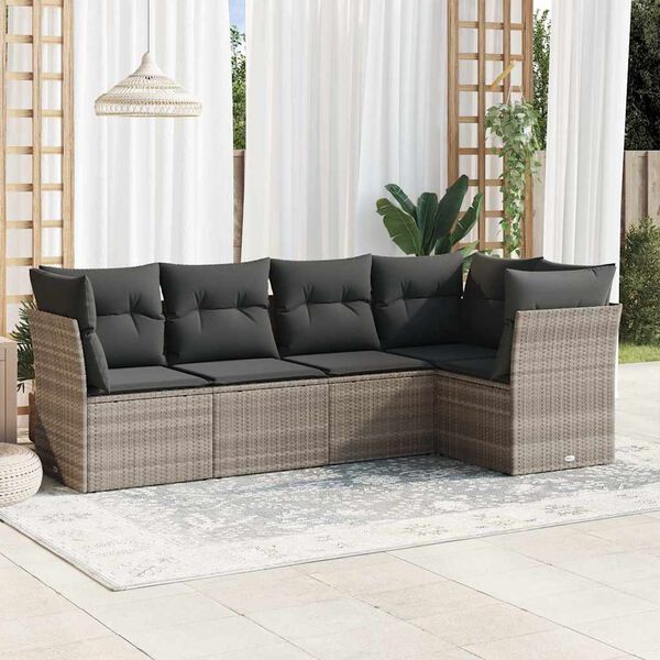 vidaXL 5-tlg. Garten-Sofagarnitur mit Kissen Hellgrau Poly Rattan