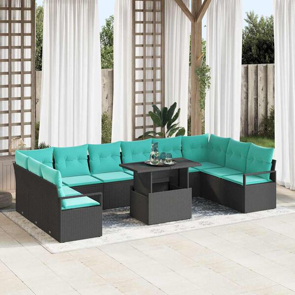 vidaXL Garten-Sofa-Set mit Kissen 11 pcs Schwarz und Blau Poly-Rattan