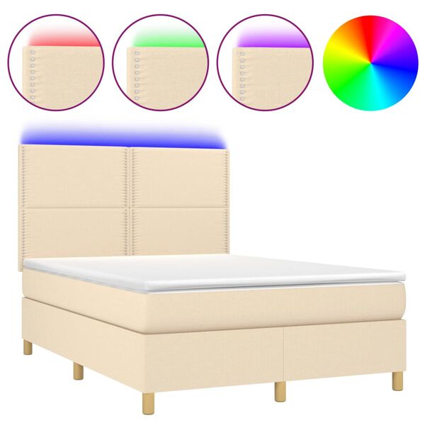 vidaXL Boxspringbett mit Matratze & LED Creme 140x190 cm Stoff