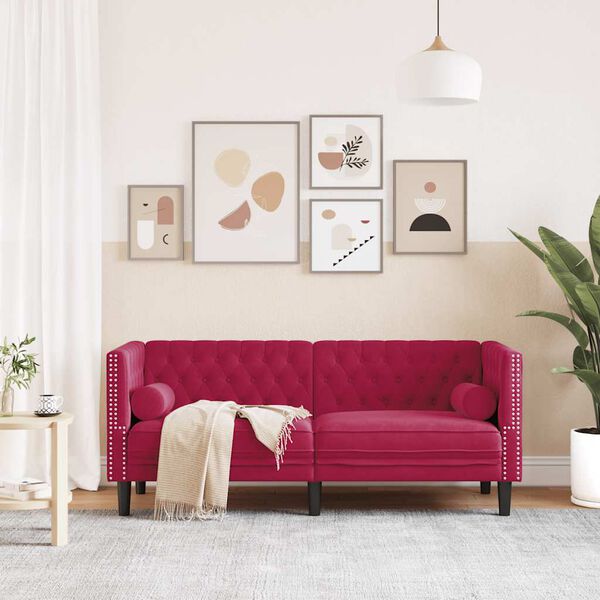 vidaXL Chesterfield-Sofa mit Nackenrollen 2-Sitzer Weinrot Samt