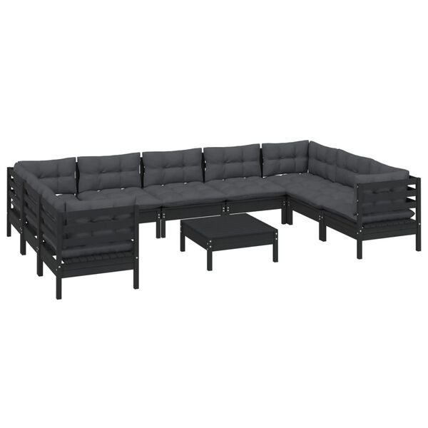 vidaXL 10-tlg. Garten-Lounge-Set mit Kissen Schwarz Kiefernholz